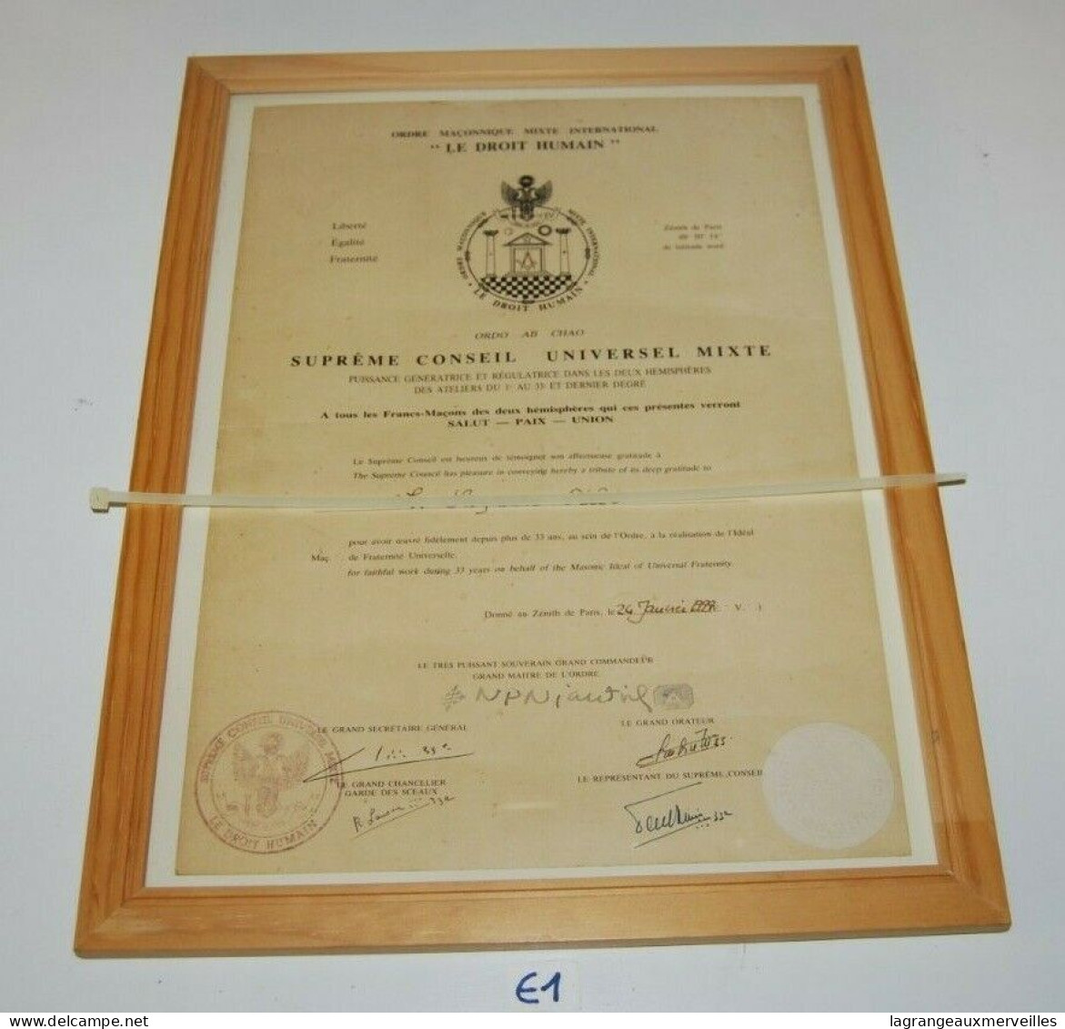 E1 Diplôme - Franc Maçon - Ordre - 1999 - Sceaux - Diplome Und Schulzeugnisse