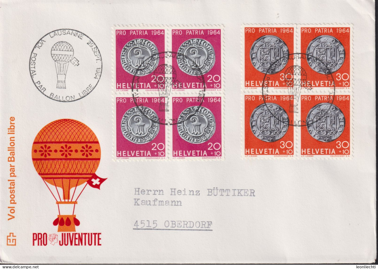 1964 Schweiz Brief ° Vol Postal Par Ballon Libre, Zum:CH B120+B121, Mi:CH 797+798, Pro Patria - Brieven En Documenten
