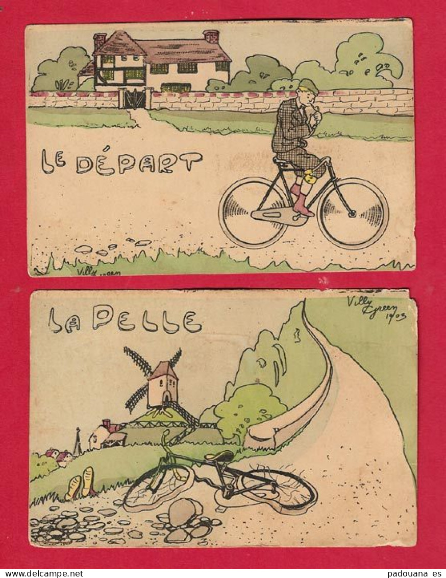 AF190 ET AE607 FANTAISIES VELO BICYCLETTE CYCLISTE FUMEUR PIPE LE DEPART LA PELLE ILLUSTRATEUR VILLY GREEN 1903 3 CPA - Birds