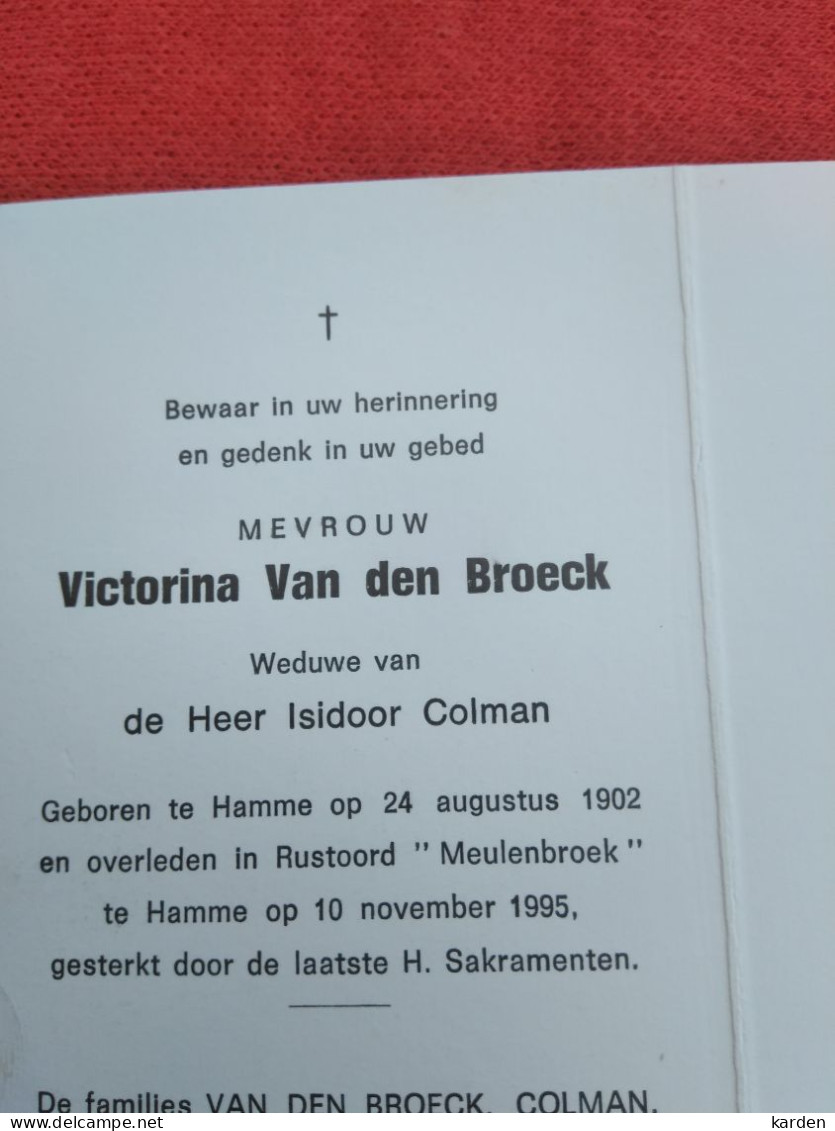 Doodsprentje Victorina Van Den Broeck / Hamme 24/8/1902 - 10/11/1995 ( Isidoor Colman ) - Religion &  Esoterik