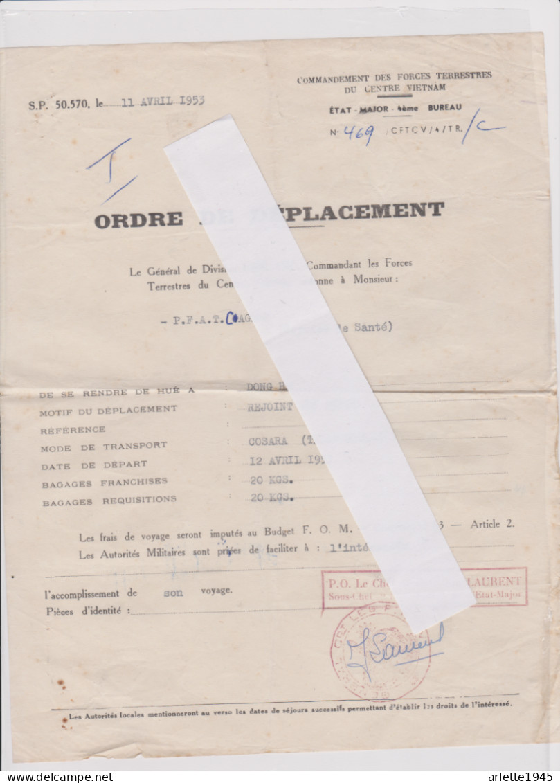 VIETNAM ETAT MAJOR 4em BUREAU ORDRE DE DEPLACEMENT INFIRMIERE A DONG HA 1953 - Documenten