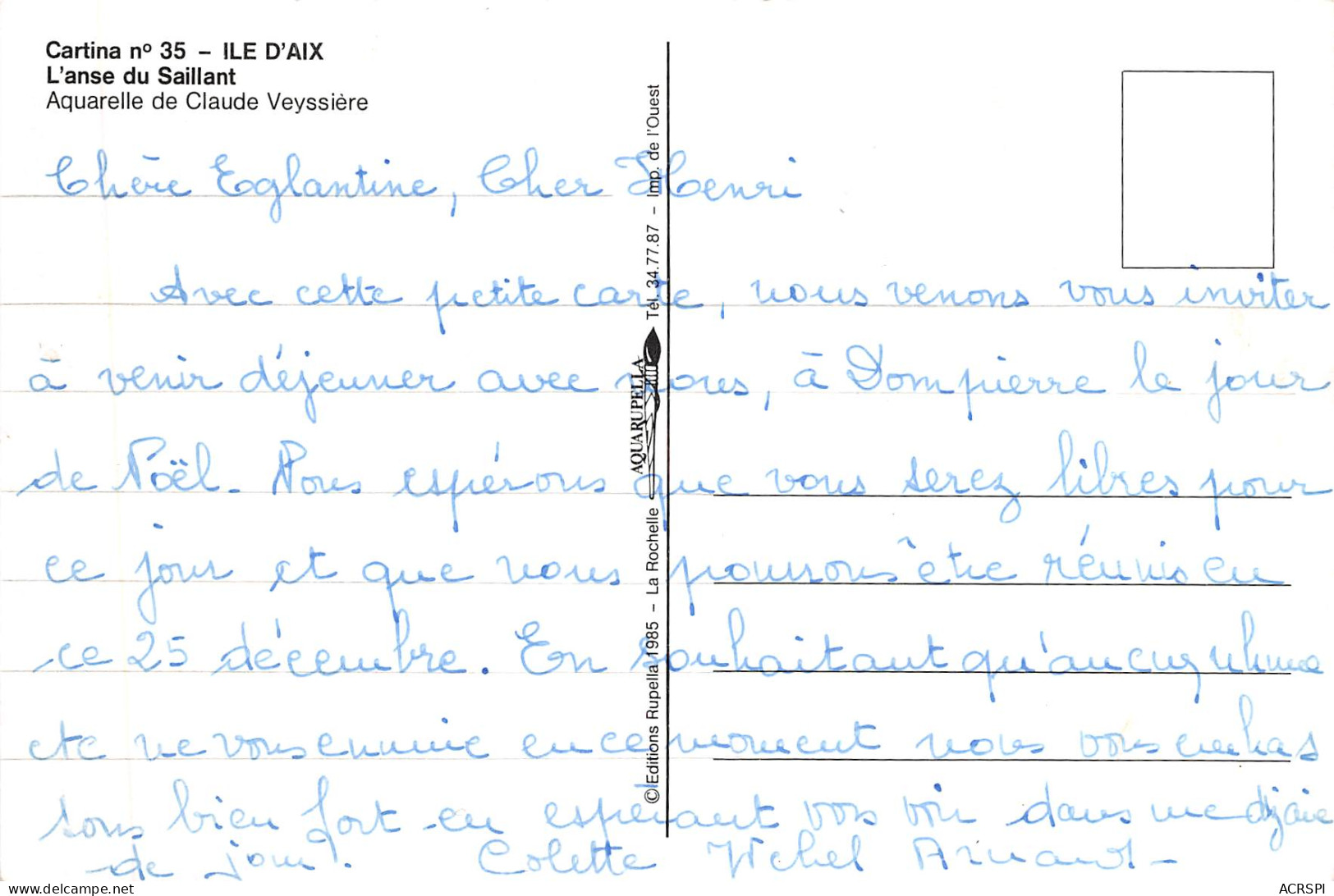 ILE D' AIX  L' ANSE DU SAILLANT Aquarelle De Claude Veyssière  18 (scan Recto Verso)MF2764TER - La Rochelle