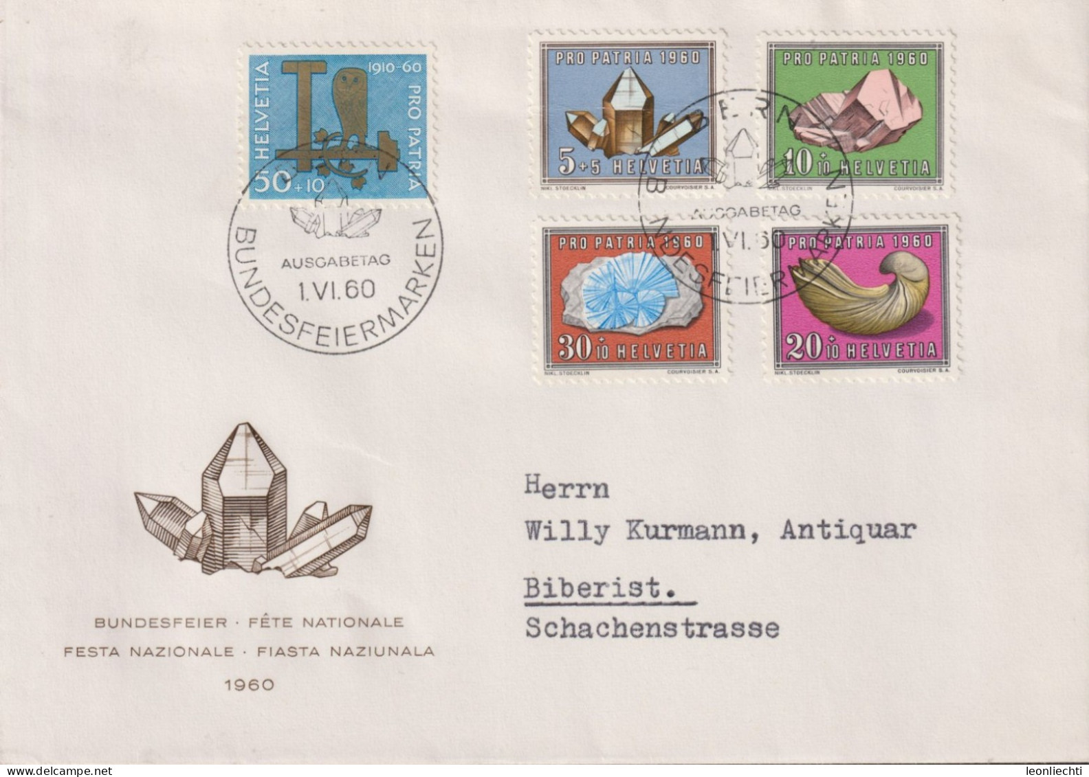1960 Schweiz FDC,Pro Patria, Zum:CH B96-B100, Mi:CH 714-718, Mineralien Und Versteinerungen - Lettres & Documents