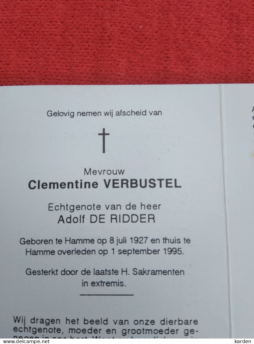 Doodsprentje Clementine Verbustel / Hamme 8/7/1927 - 1/9/1995 ( Adolf De Ridder ) - Religion & Esotericism