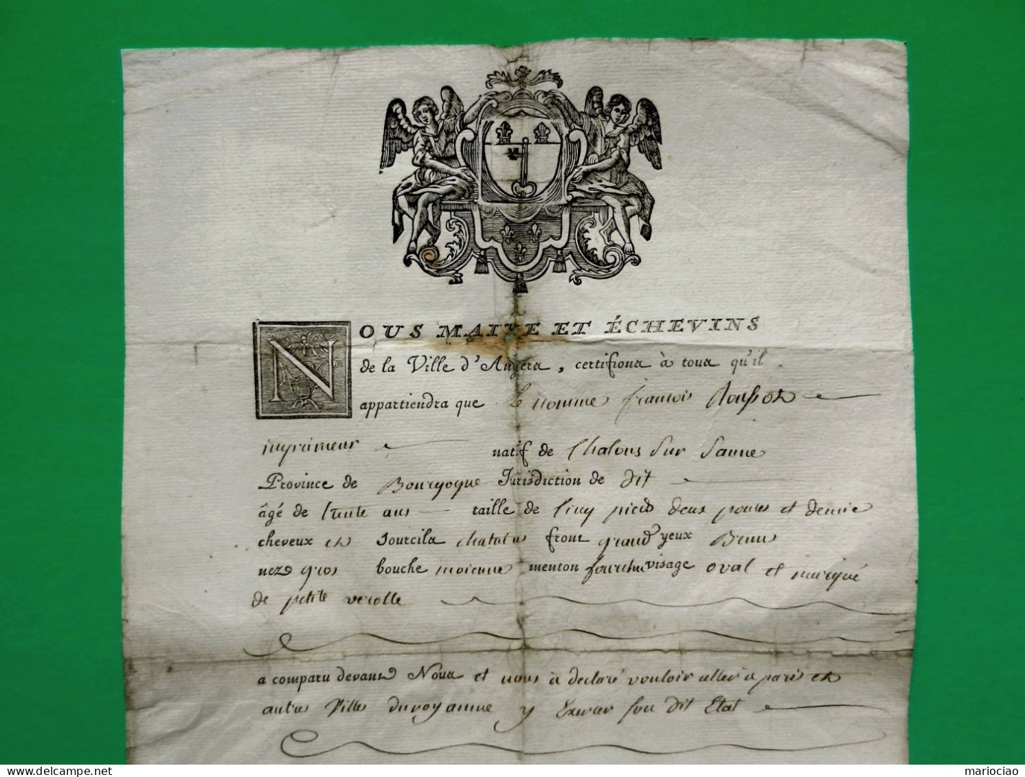 D-FR ANGERS Maine-et-Loire 1787 Passeport Délivré à François Roussot, Imprimeur, Pour Aller à Paris. Signature Du Maire - Historical Documents