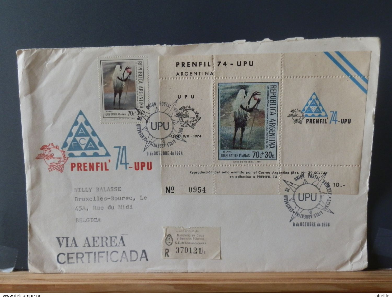 GROOT FORMAAT  LOT90  LETTRE ARGENTINA UPU 1974 POUR LA BELG. - Covers & Documents