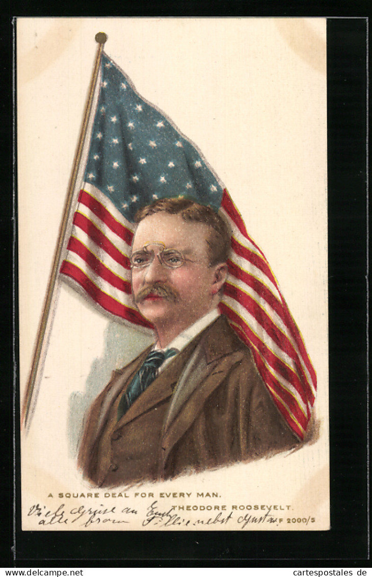 AK Präsident Der USA Theodore Roosevelt Mit Amerikanischer Flagge  - Politische Und Militärische Männer