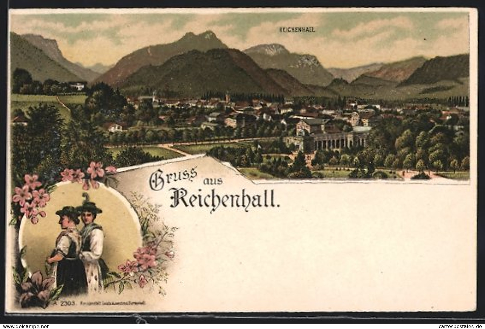 Lithographie Bad Reichenhall, Ortspanorama, Frauen In Trachten  - Bad Reichenhall