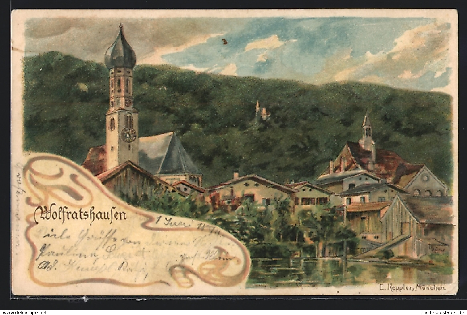 Künstler-Lithographie E. Keppler: Wolfratshausen, Teilansicht Mit Kirche  - Wolfratshausen