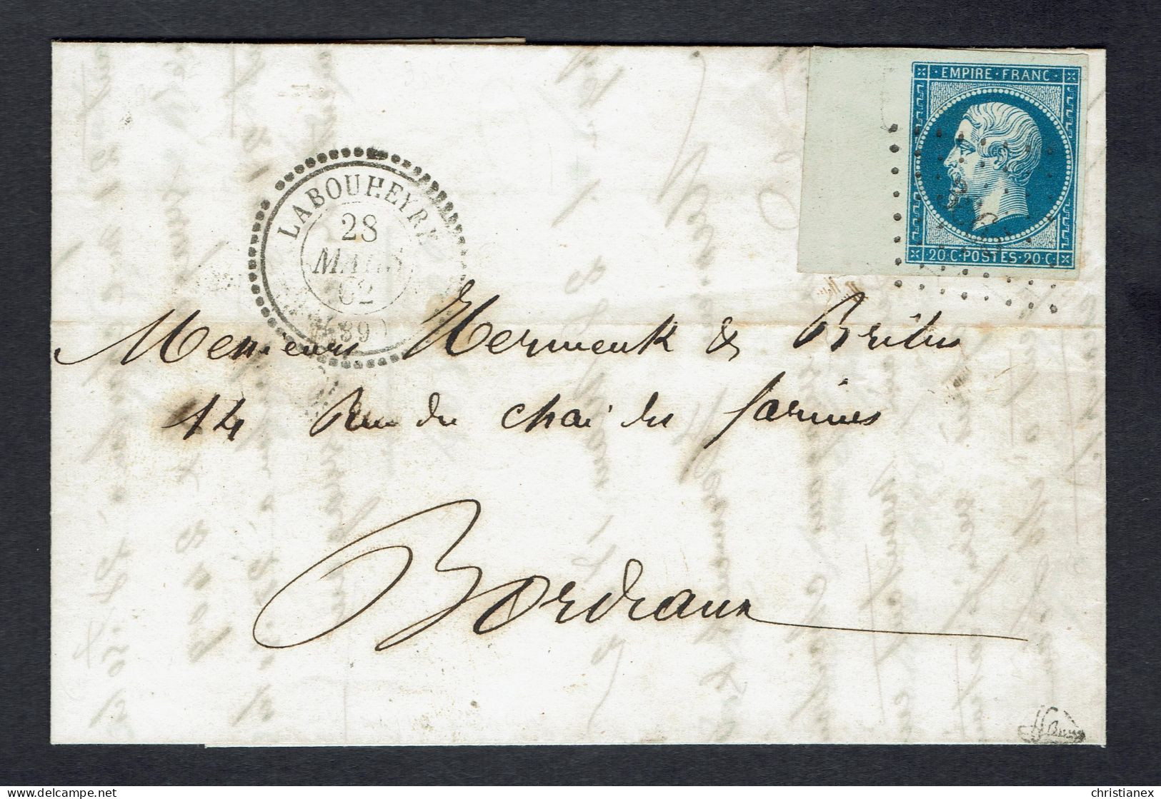 YT N°14 Empire 20c Bleu BORD DE FEUILLE Sur LAC De LABOUHEYRE 28-3-1862 - Signée Calves - 1853-1860 Napoléon III