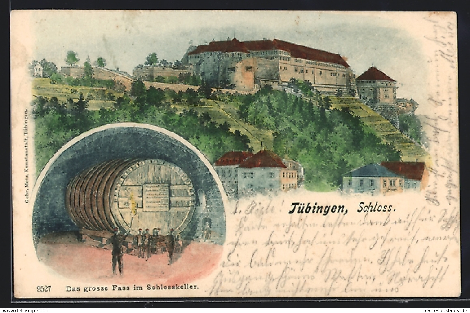 Lithographie Tübingen, Schlossansicht, Grosses Fass Im Schlosskeller  - Tuebingen