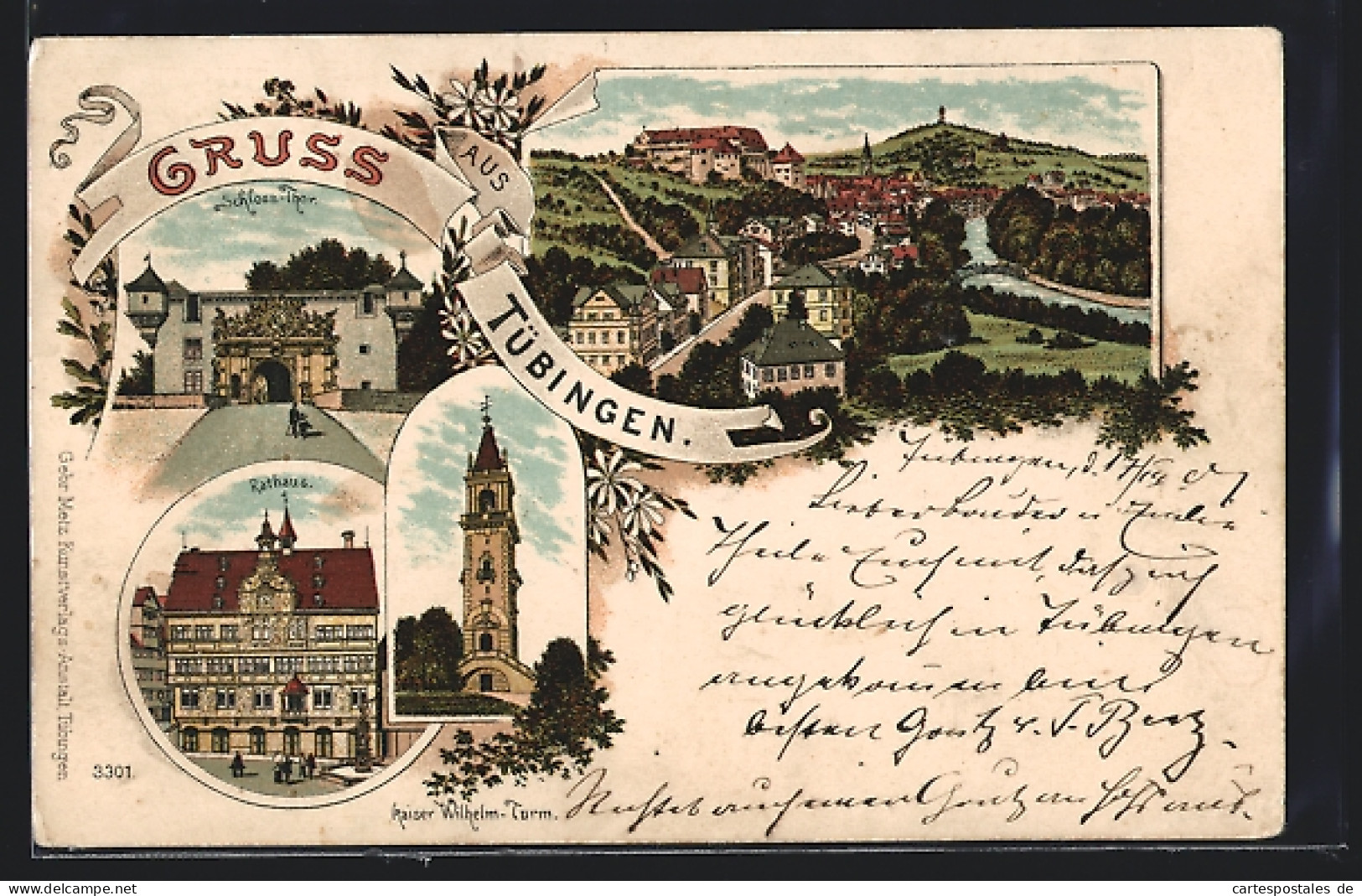 Lithographie Tübingen, Rathaus, Kaiser Wilhelm-Turm, Schlossthor Und Gesamtansicht  - Tübingen