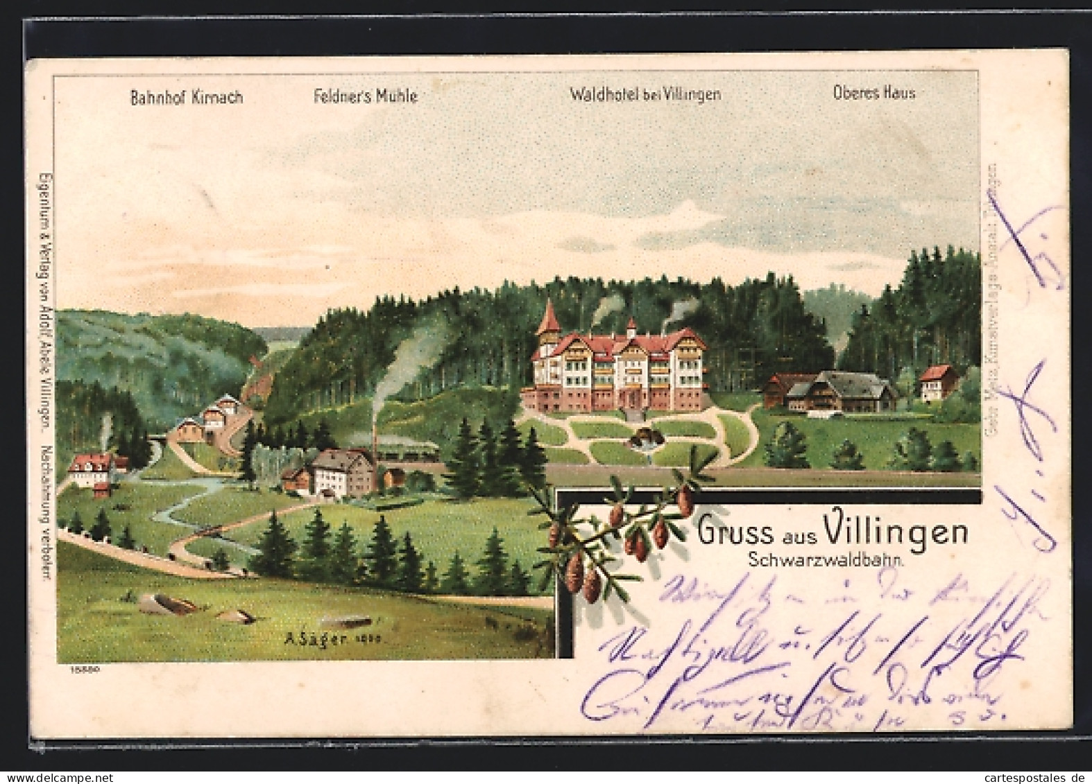 Lithographie Villingen / Baden, Waldhotel, Oberes Haus, Bahnhof Kirnach Und Feldner`s Mühle  - Baden-Baden