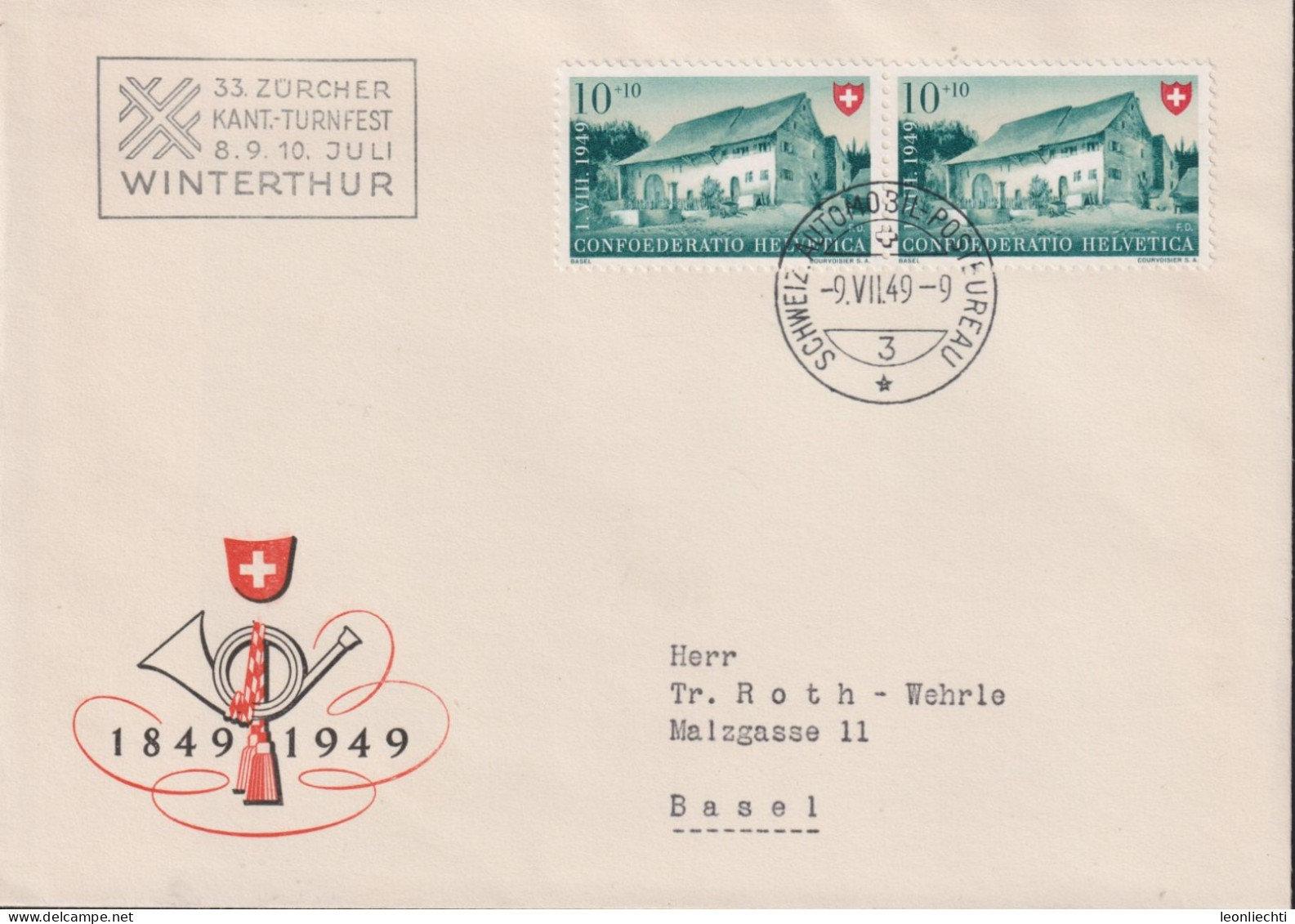 1949 Schweiz Pro Patria, Zum:CH B43, Mi:CH 526, Bauernhaus Im Baselbiet. (33.Zürcher Kant.-Turnfest Winterthur) - Covers & Documents