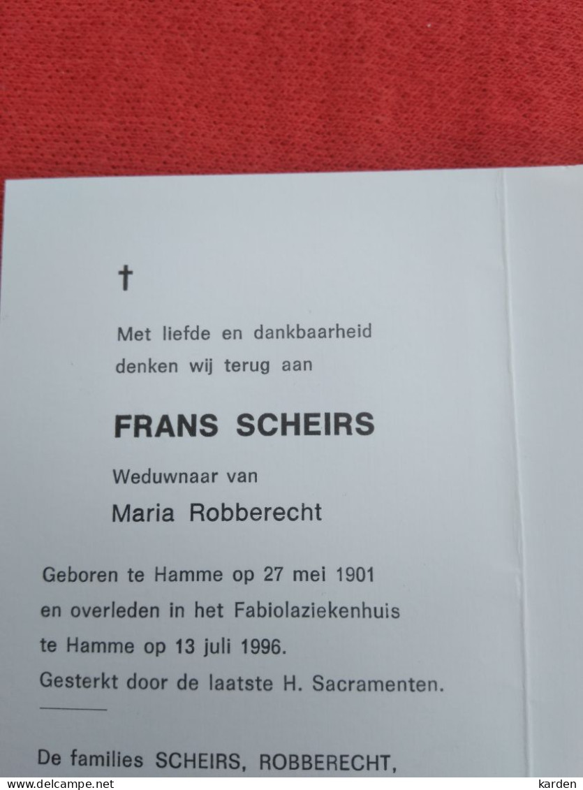 Doodsprentje Frans Scheirs / Hamme 27/5/1901 - 13/7/1996 ( Maria Robberecht ) - Religion &  Esoterik