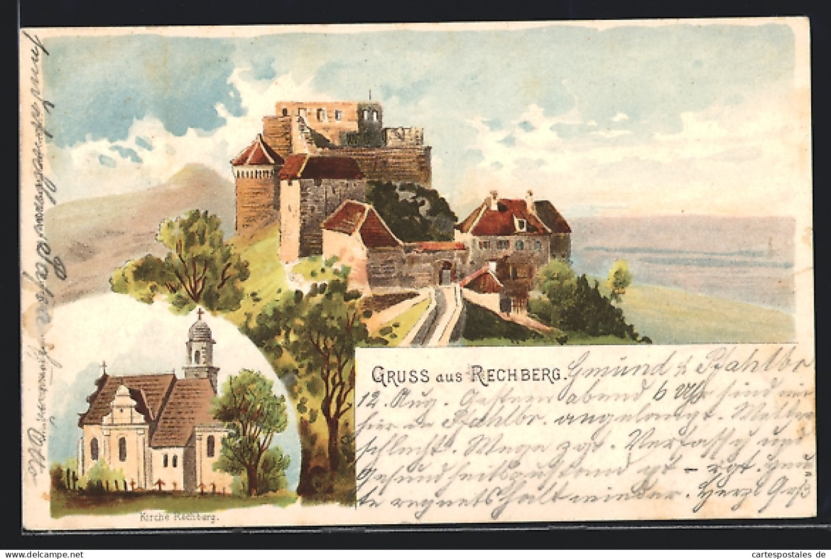 Lithographie Rechberg / Schwäb. Gmünd, Blick Zur Ruine, Kirche  - Schwäbisch Gmünd