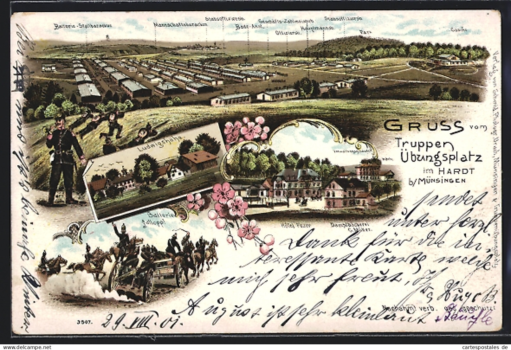 Lithographie Münsingen /Haardt, Truppenübungsplatz, Gesamtansicht, Ludwigshöhe, Hotel Fezer & Dampfbäckerei  - Münsingen