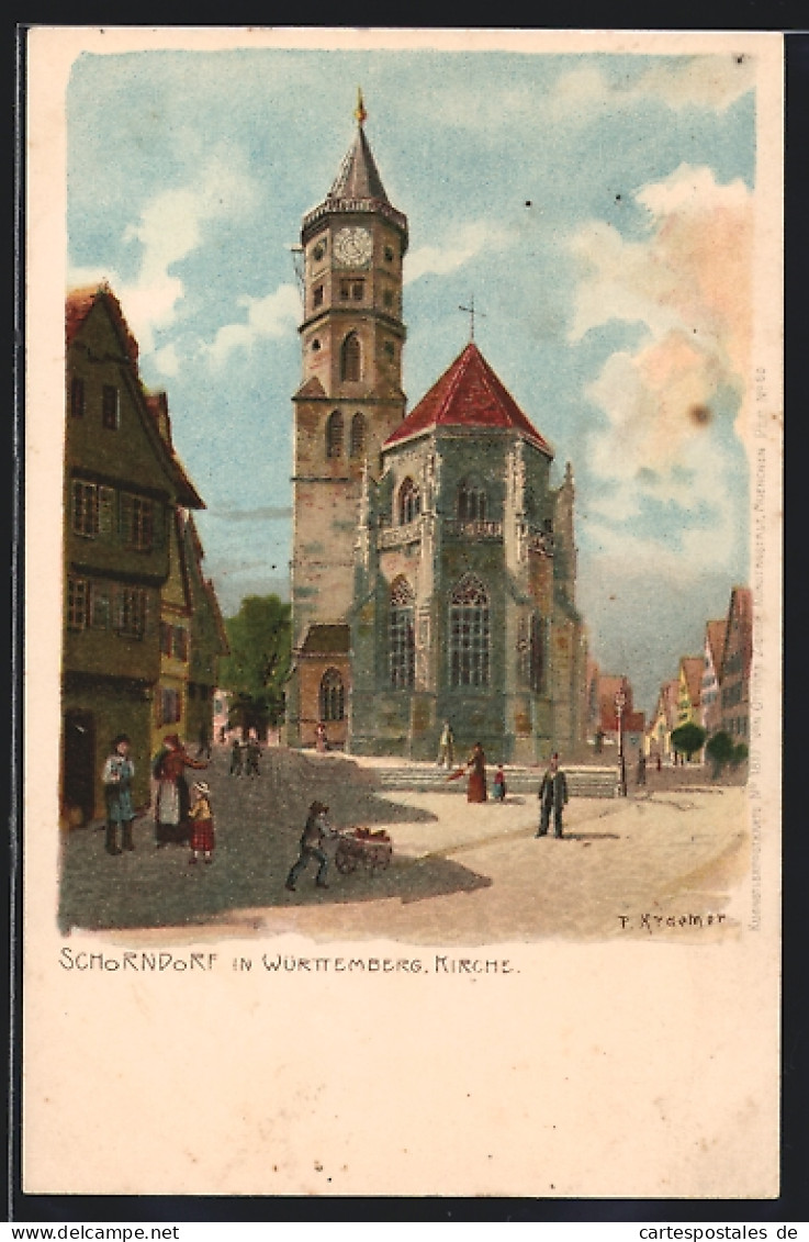 Lithographie Schorndorf /Württ., Ortspartie Mit Kirche  - Schorndorf