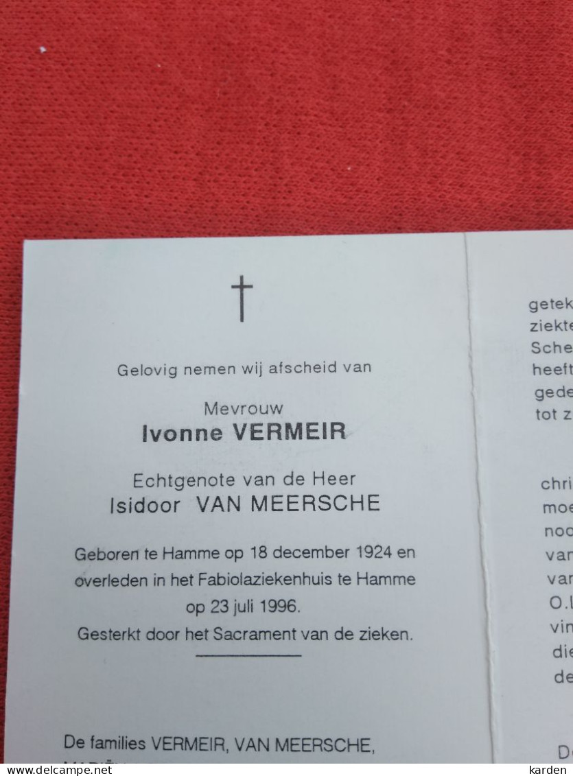 Doodsprentje Ivonne Vermeir / Hamme 18/12/1924 - 23/7/1996 ( Isidoor Van Meersche ) - Godsdienst & Esoterisme