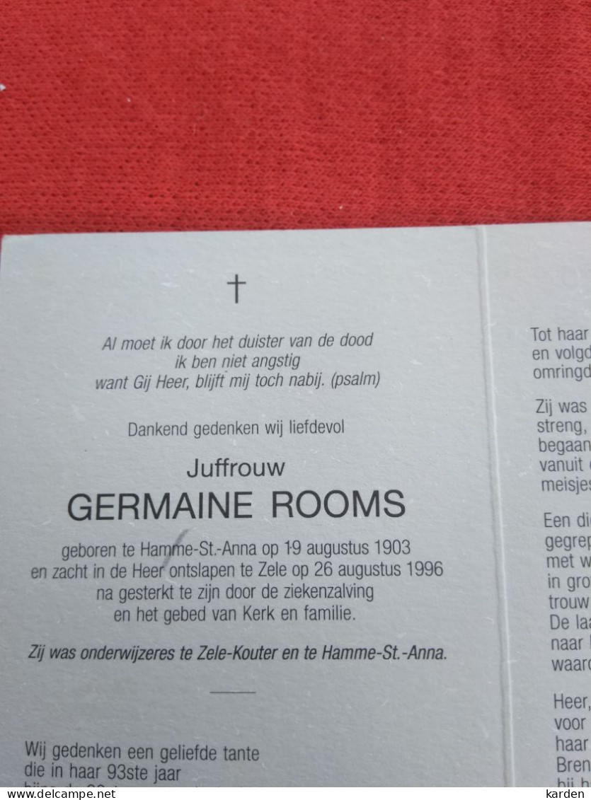Doodsprentje Germaine Rooms / Hanne Sint Anna 19/8/1903 Zele 26/8/1996 - Religión & Esoterismo