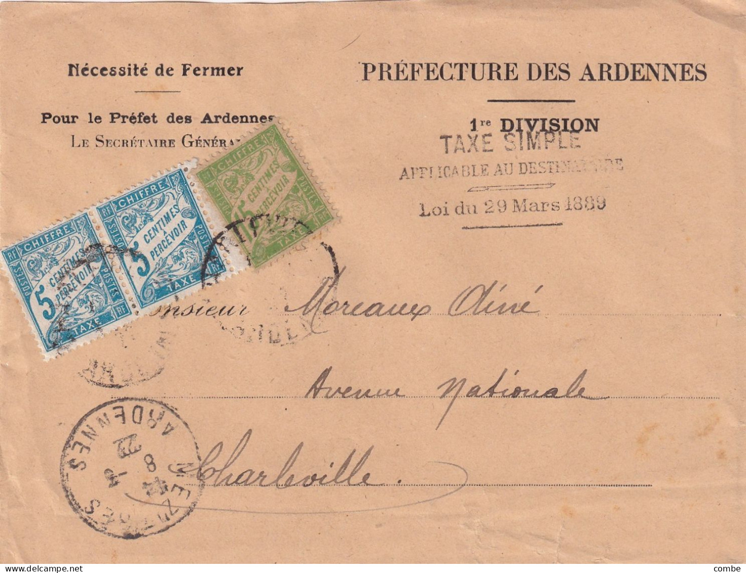 TAXE SUR AVIS DE PREFECTURE. MEZIERES. ARDENNES. 8 MARS 1922 - 1859-1959 Brieven & Documenten