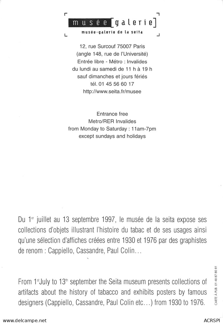 PARIS 7e LE MUSEE De La SEITA 12 Rue Surcouf   56 (scan Recto Verso)MF2772VIC - Paris (07)