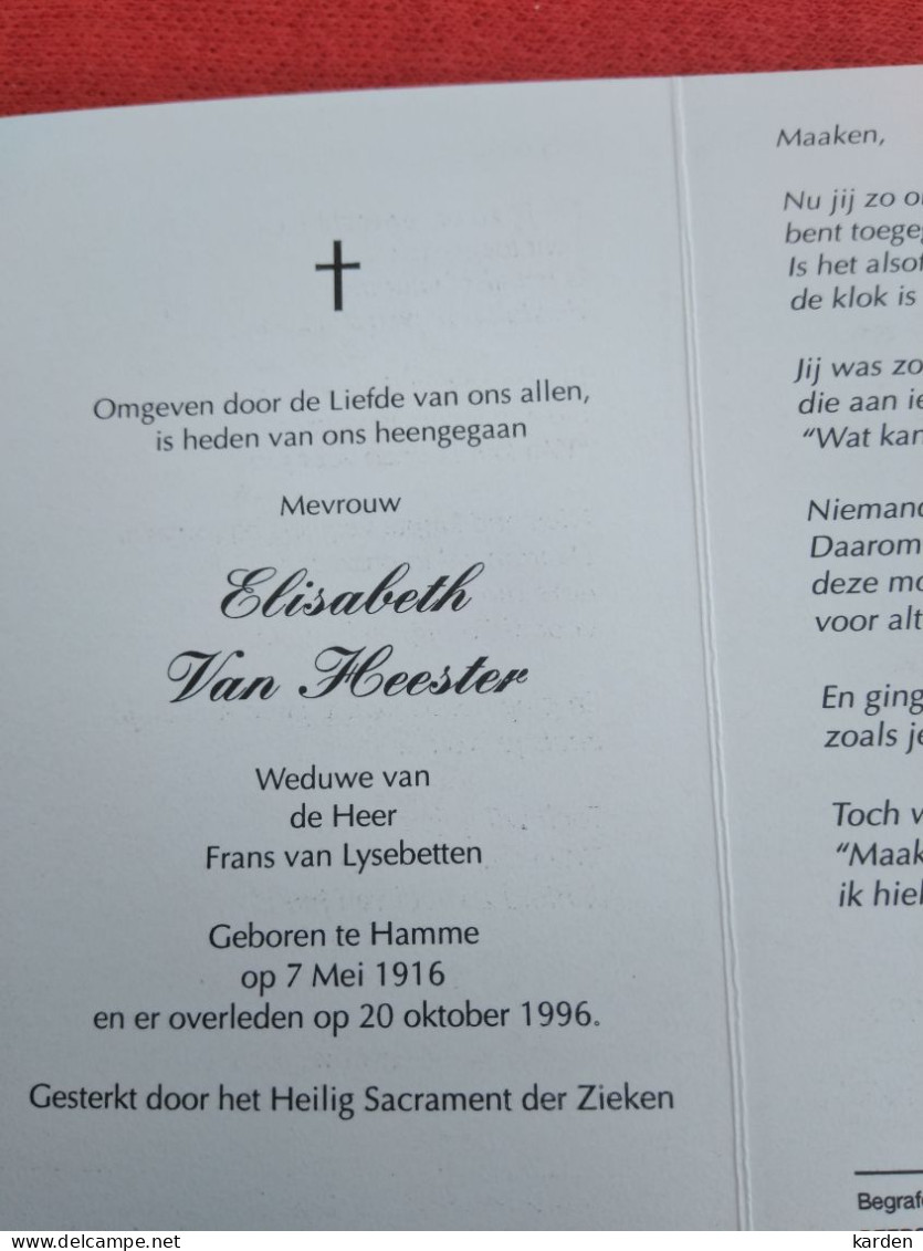 Doodsprentje Elisabeth Van Heester / Hamme 7/5/1916 - 20/10/1996 ( Frans Van Lysebetten ) - Religion & Esotérisme