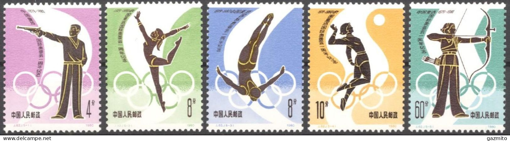 China 1980, 1st Anniversary Of Return To International Olympic Committee, Shooting, Archery, Volleyball, 5val - Unused Stamps