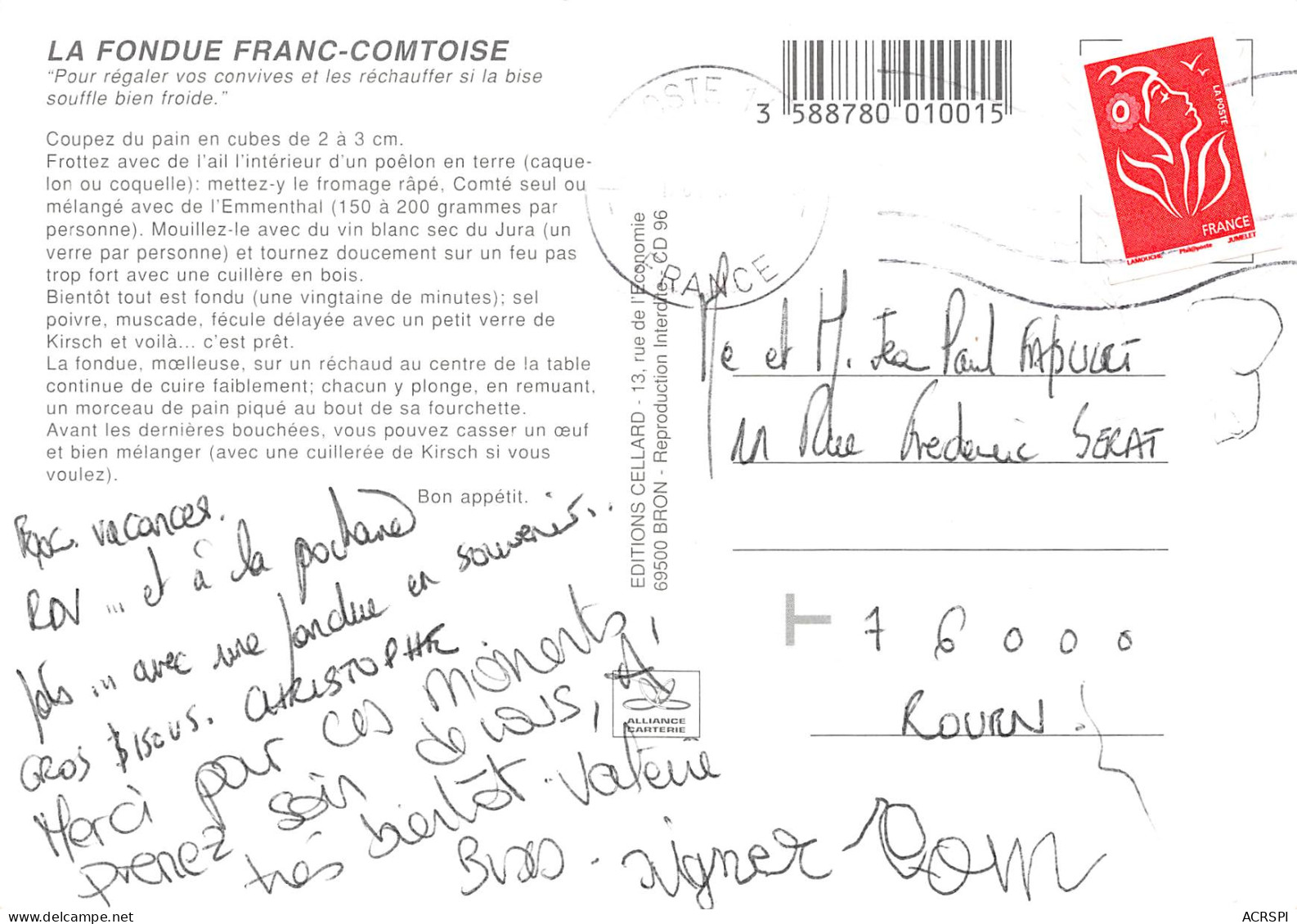 Recette De La FONDUE FRANC COMTOISE  64 (scan Recto Verso)MF2774TER - Recipes (cooking)