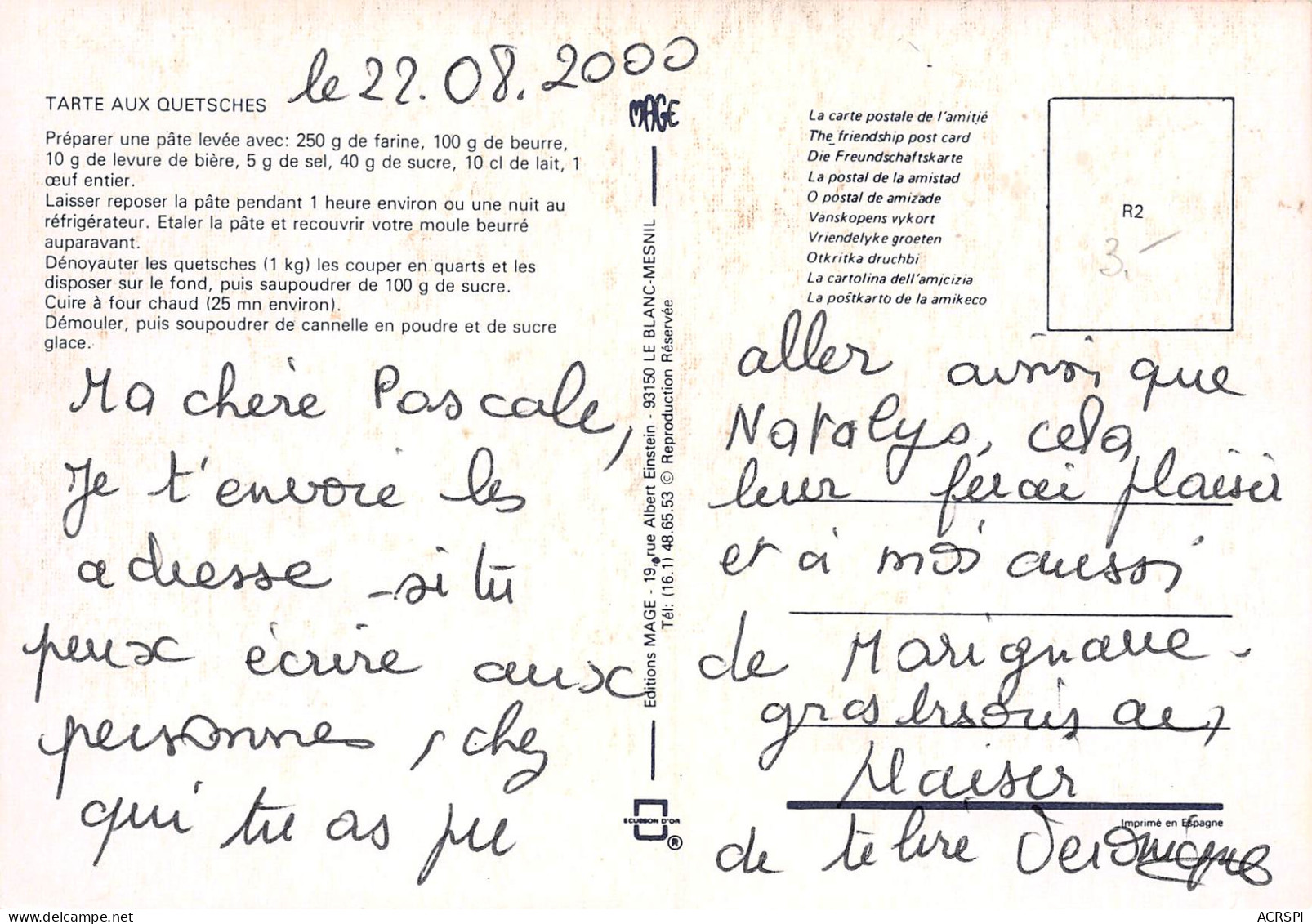 Recette De La Tarte Aux QUETSCHES   67 (scan Recto Verso)MF2774TER - Recipes (cooking)