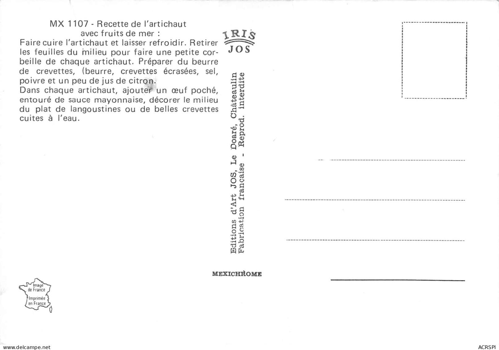 RECETTE De L'Artichaut Breton Aux Fruits De Mer à Chateaulin  60 (scan Recto Verso)MF2774UND - Recettes (cuisine)