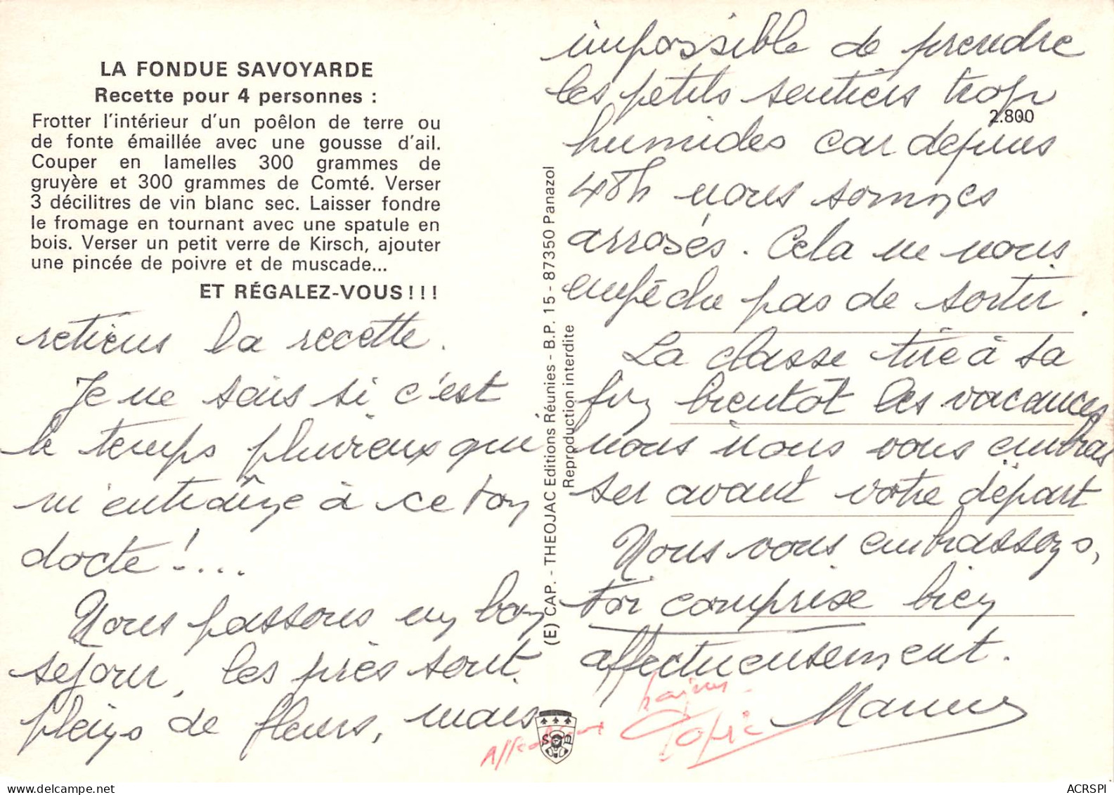 74 Recette De La FONDUE SAVOYARDE  Vin Apremont Et Kirsch   50 (scan Recto Verso)MF2774VIC - Küchenrezepte