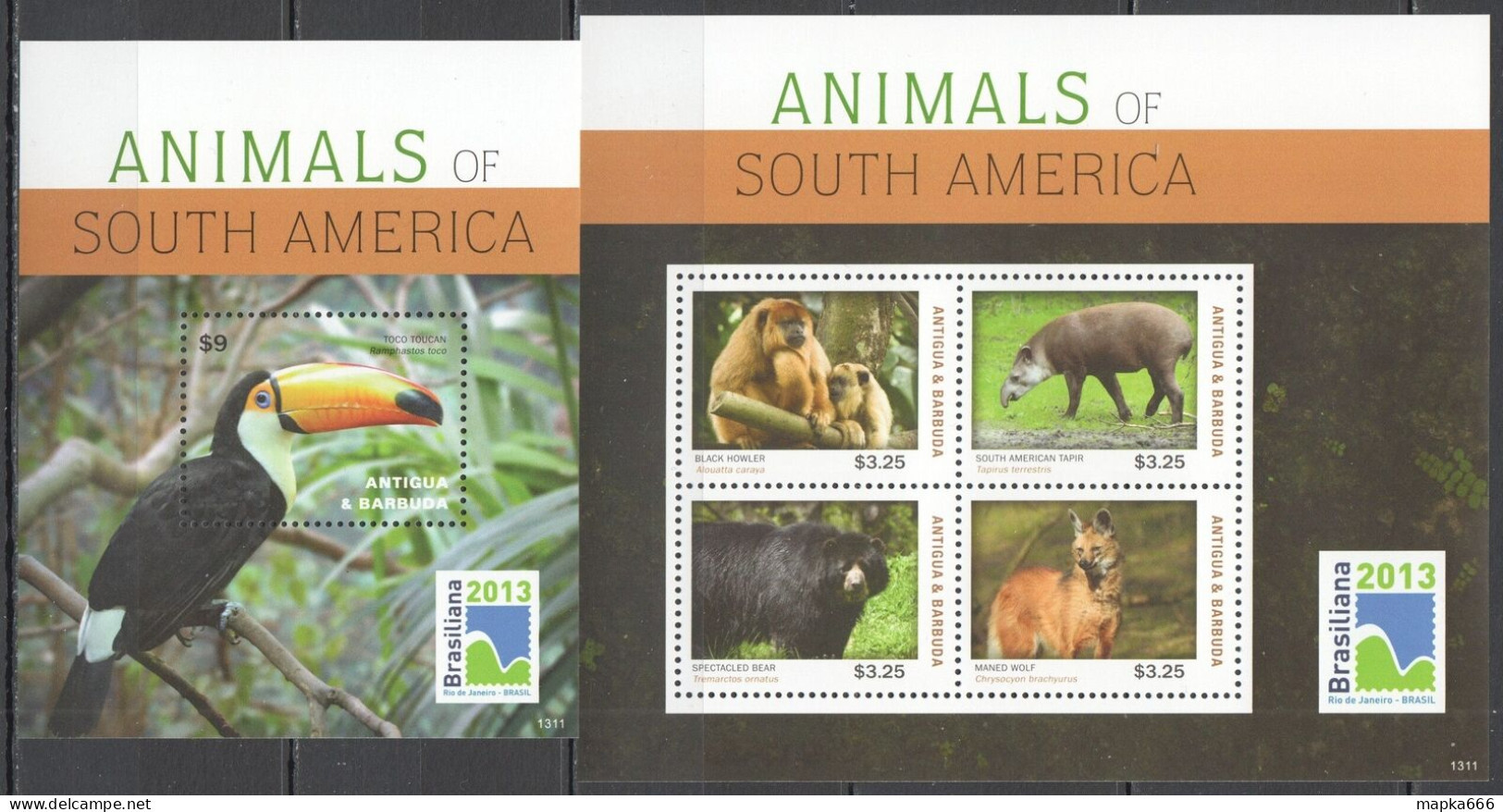 Ft076 2013 Antigua & Barbuda Animals & Birds Of South America #5124-7+Bl717 Mnh - Other & Unclassified
