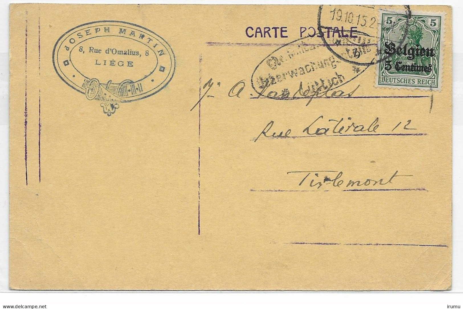 Postkaart Van Luik Naar Tienen, Gecensureerd (SN 2953) - OC26/37 Etappengebied.