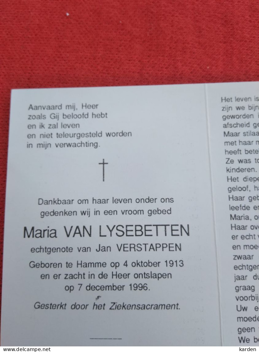 Doodsprentje Maria Van Lysebetten / Hamme 4/10/1913 - 7/12/1996 ( Jan Verstappen ) - Religion & Esotérisme