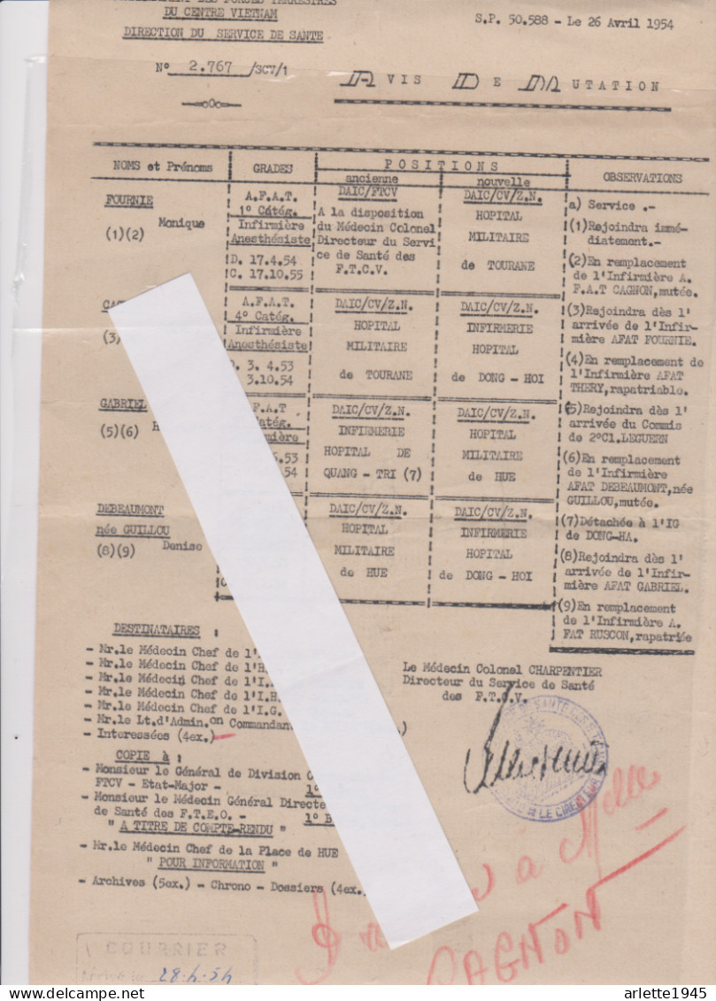 VIETNAM MUTATIONS  INFIRMIERES DIFFERENTS HOPITAUX  SUIVANT EVENEMENTS 1954 - Documents