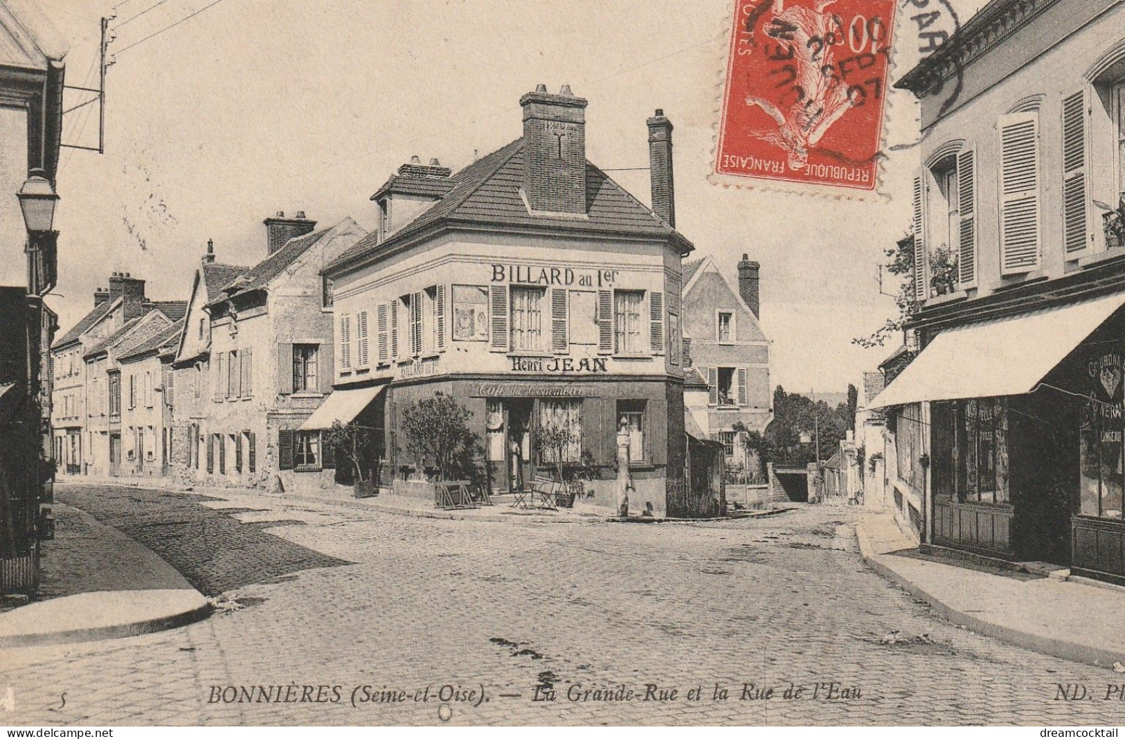 78 BONNIERES. Café Billard Du Commerce Sur Grande Rue Et Rue De L'Eau 1907 - Bonnieres Sur Seine