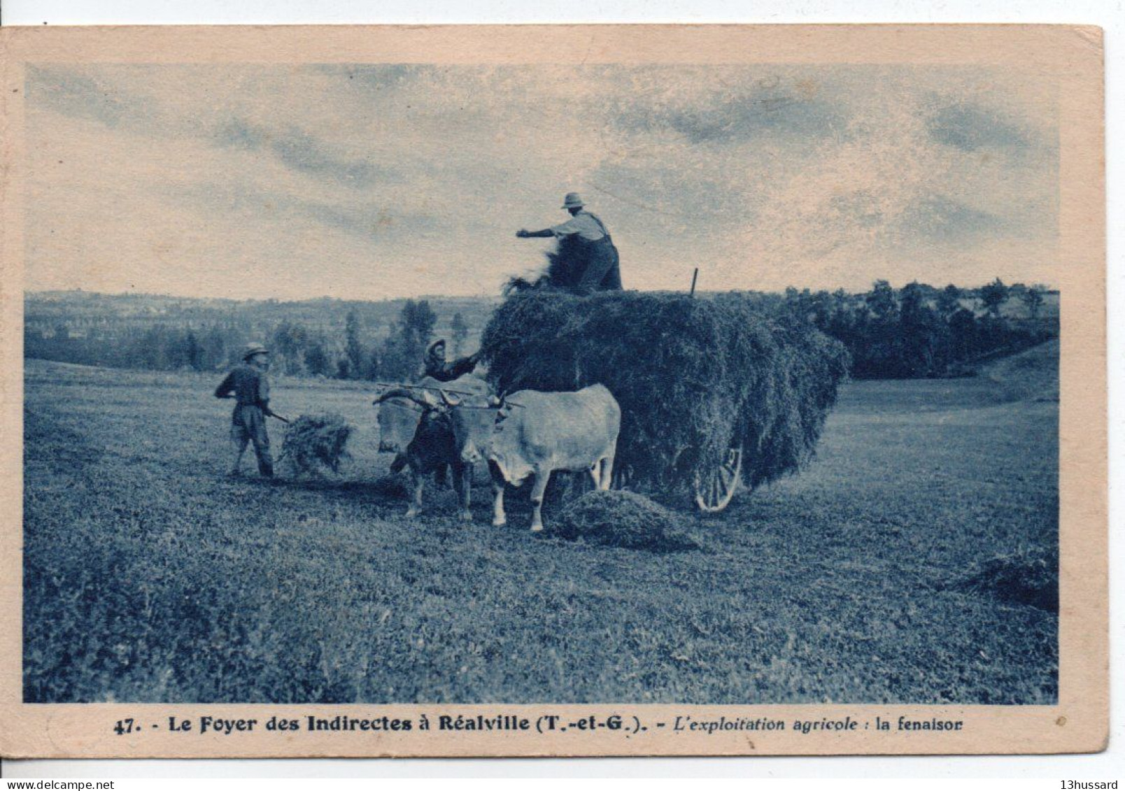 Carte Postale Ancienne Réalville - Le Foyer Des Indirectes. L'exploitation Agricole. La Fenaison - Agriculture, Attelage - Realville