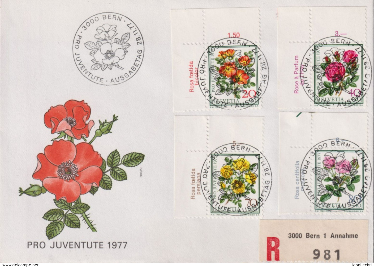 1977 Schweiz Pro Juventute R- FDC, Zum:CH J261-J264, Mi:CH 1112-1115, Rosen Ll, Eck Stücke Mit Tabs: F. Vollstempel - Briefe U. Dokumente