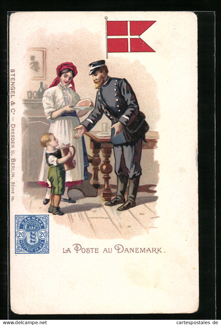 Lithographie La Poste Au Danemark, Briefmarke  - Post & Briefboten