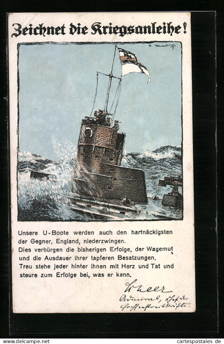 Künstler-AK Zeichnet Die Kriegsanleihe!, U-Boot Auf See  - Guerre 1914-18