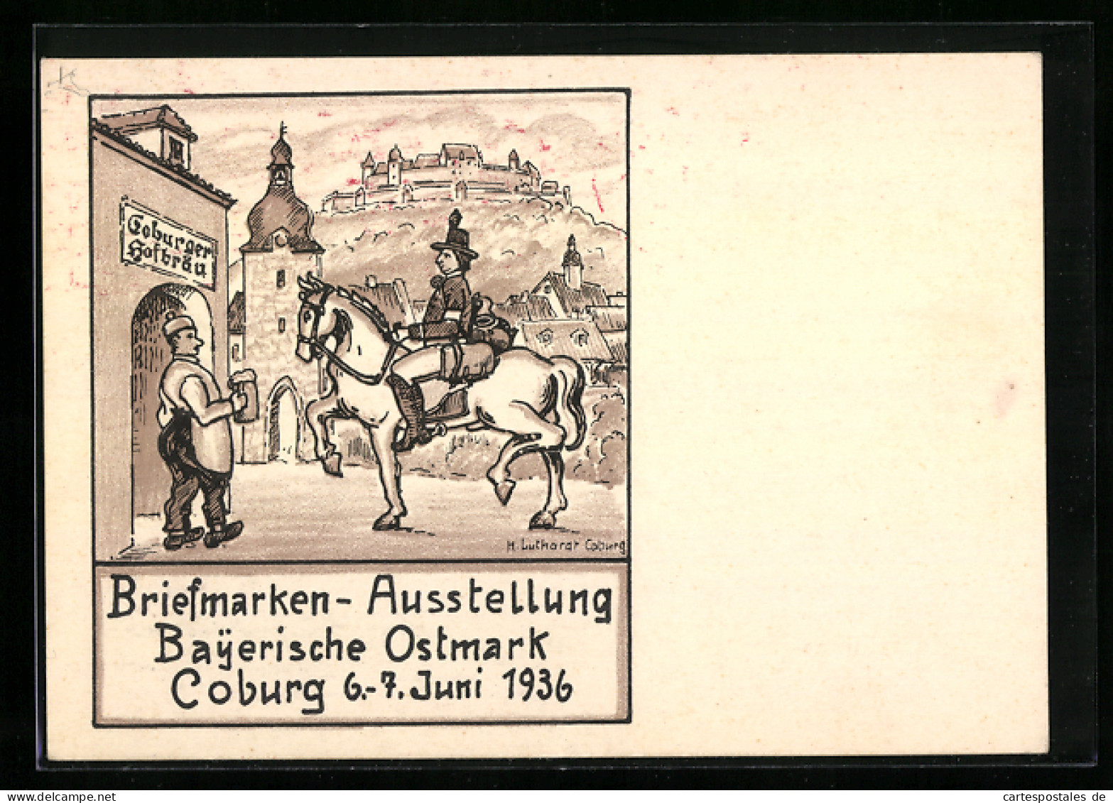 Künstler-AK Coburg, Briefmarken-Ausstellung Bayerische Ostmark 1936, Postillon Am Gasthaus  - Timbres (représentations)