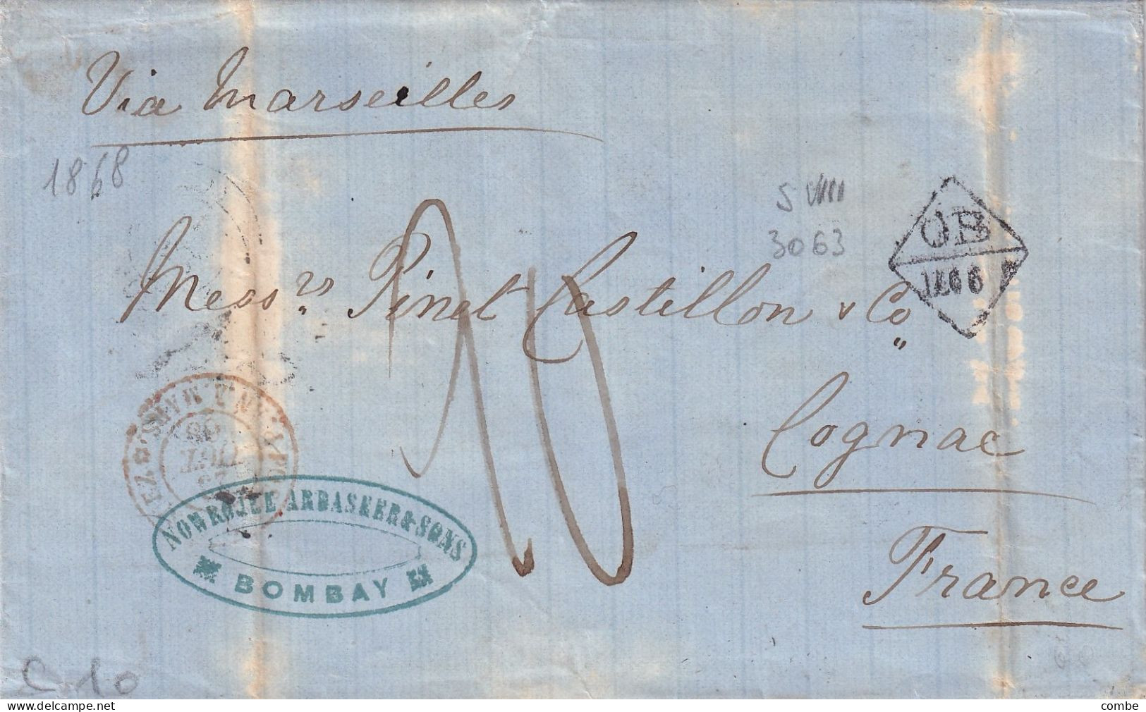 COVER. INDIA. BOMBAY. 2 OCT 1848. NOWROJEE-ARDASSER & SONS. TO COGNAC VIA MARSEILLE. GB/1L06. POS AN V SUEZ P.AN A MARS - Other & Unclassified