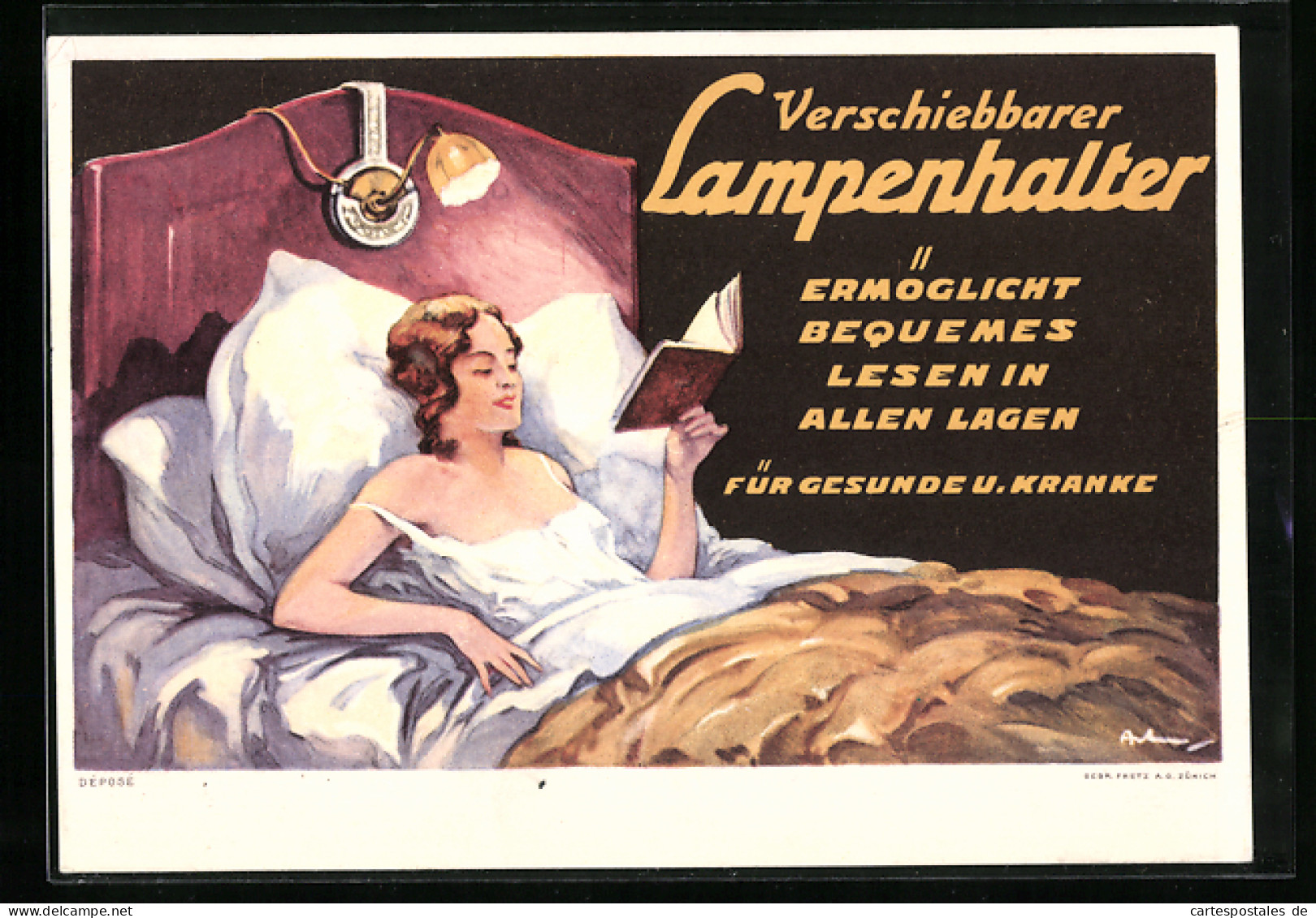 AK Frau Liest Im Bett, Reklame Für Verschiebbare Lampenhalter  - Advertising