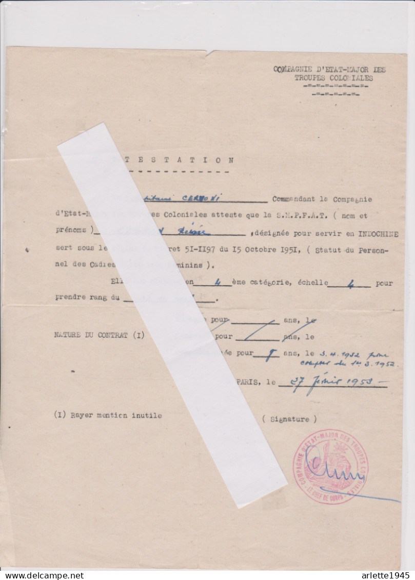 ATTESTATION POUR LE VIETNAM CONTRAT INFIRMIERE  COMMISIONNEE POUR 8 ANS  1953 - Documenten
