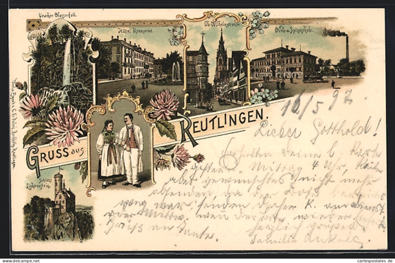 Lithographie Reutlingen, Hotel Kronprinz, Web- U. Spinnschule, Schloss Lichtenstein  - Reutlingen