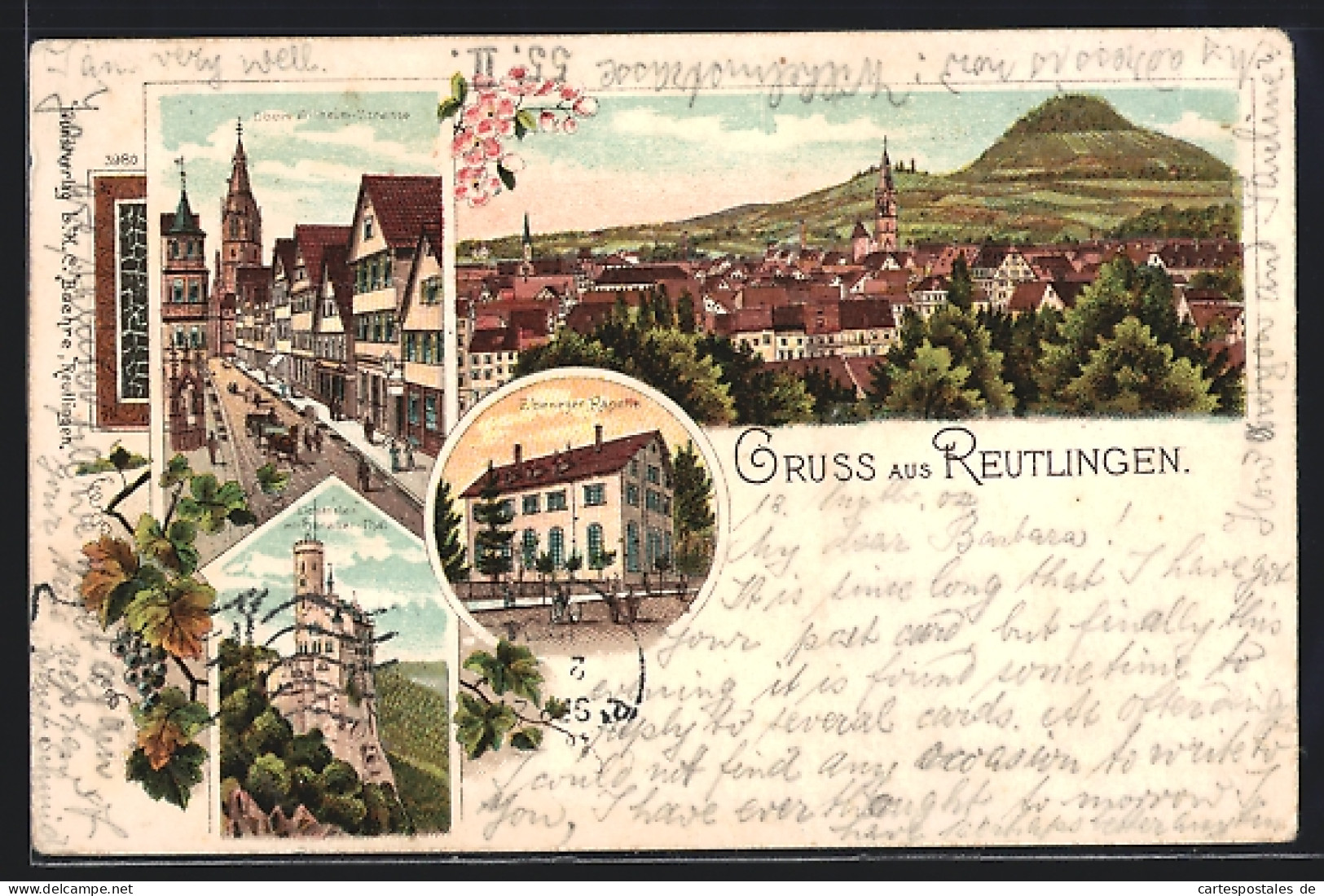 Lithographie Reutlingen, Gesamtansicht, Obere Wilhelm-Strasse, Lichtenstein Mit Honauer Tal, Ebenezer Kapelle  - Reutlingen