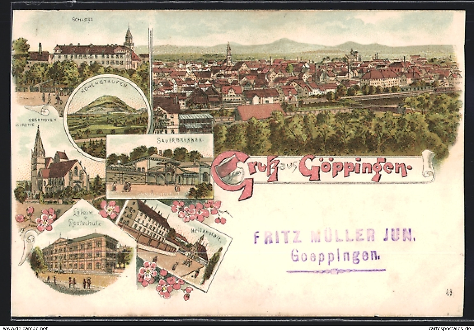 Lithographie Göppingen, Schloss, Sauerbrunnen, Latein- & Realschule  - Goeppingen