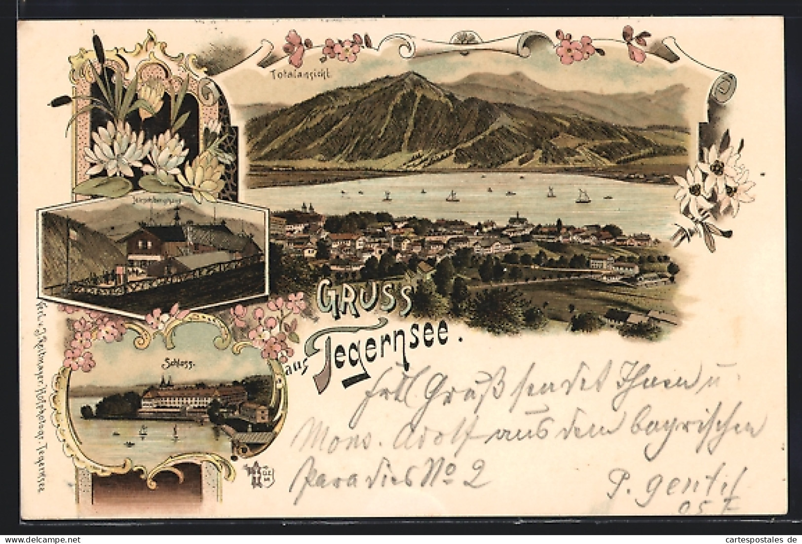 Lithographie Tegernsee, Schloss, Hirschberghaus, Boote  - Tegernsee