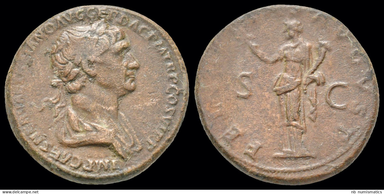 Trajan AE Dupondius Felicitas  Standing Left - The Anthonines (96 AD Tot 192 AD)